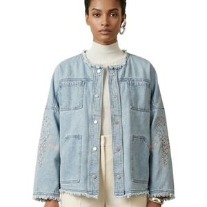 PUSH & GUN Embroidered Parrot Denim Jacket Frayed Raw Hem Blue Size US Medium